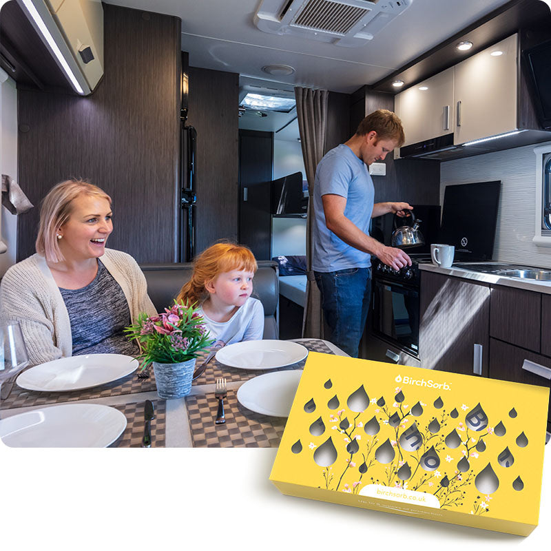 Motorhome interior with family of three
